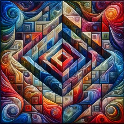 The primary subject of the image is a colorful, abstract artwork featuring a large, square-shaped design with a mix of red, blue, and yellow colors. The setting is a vibrant, artistic background that complements the artwork. The visual style is a combination of digital art and illustration, creating a unique and eye-catching piece. The colors and mood of the artwork are lively and energetic, evoking a sense of creativity and imagination.